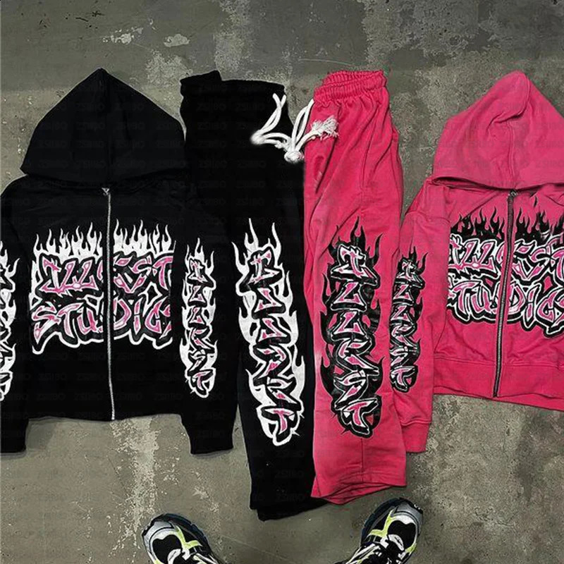 Y2k Vintage Black Creative Pattern Hoodie Fashion Loose Oversized Hooded Sweatshirt Gothic Streetwear Men Women zipper Clothes 240809