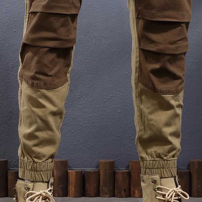 2024 new khaki splicing contrasting color ankle strap work pants mens fashionable elastic slim fit outdoor casual pantsW240725