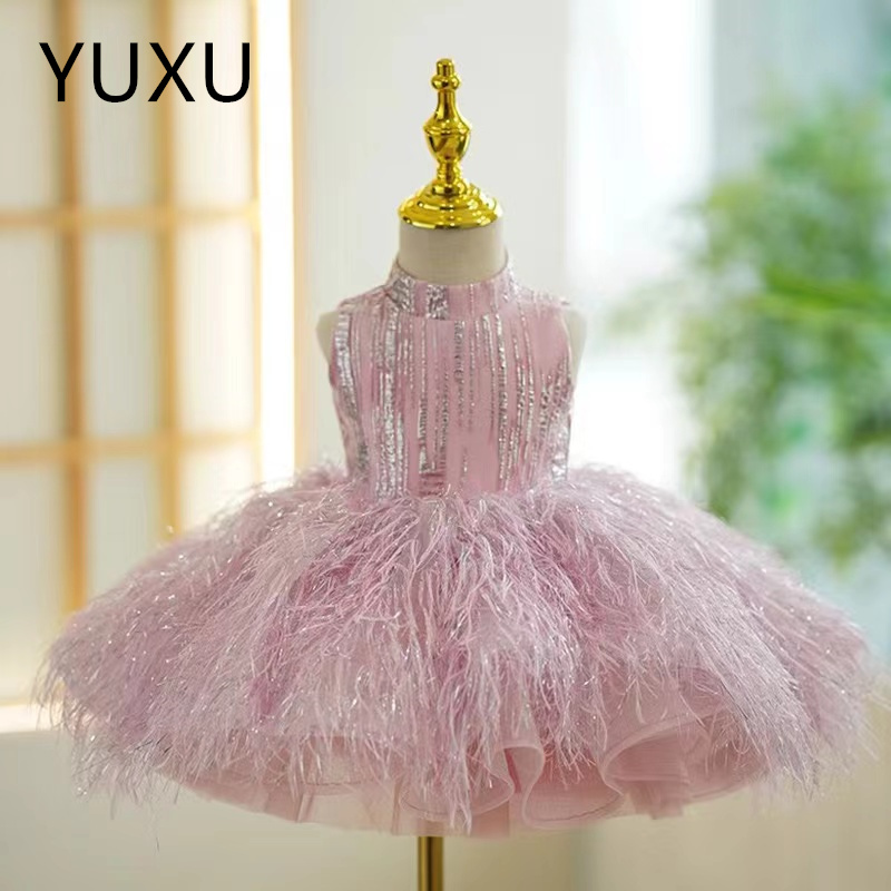 feather Flower Girl Dresses Bridesmaid Party Pageant Dresses Lace Flower Girls Gowns First holy Communion Dress pageant Champagne ball gown dresses ki