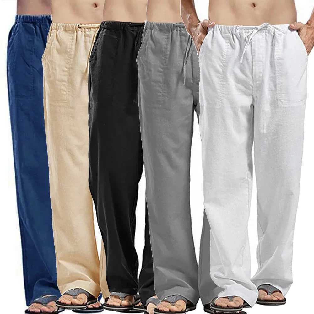 Summer linen straight pants fashionable mens casual loose and lightweight sports pants cotton linen breathable Trouser elastic waist pantsW240725