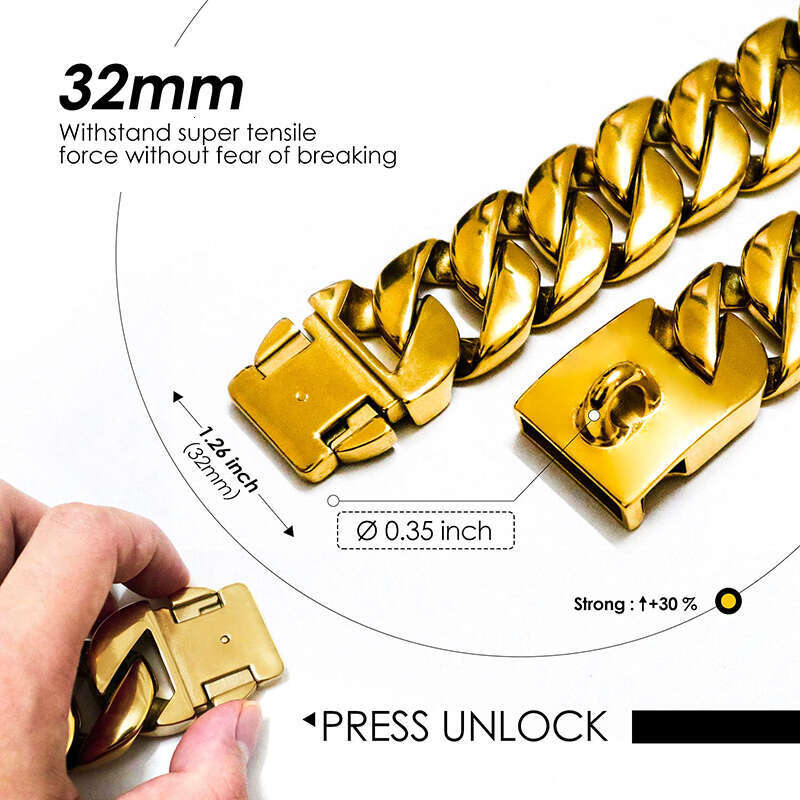32Mm Wide Strong Metal Dog Chain Collars Stainless Steel Dog Choker Pitbull Gold Dog Necklace For Large Dogs Zozostore