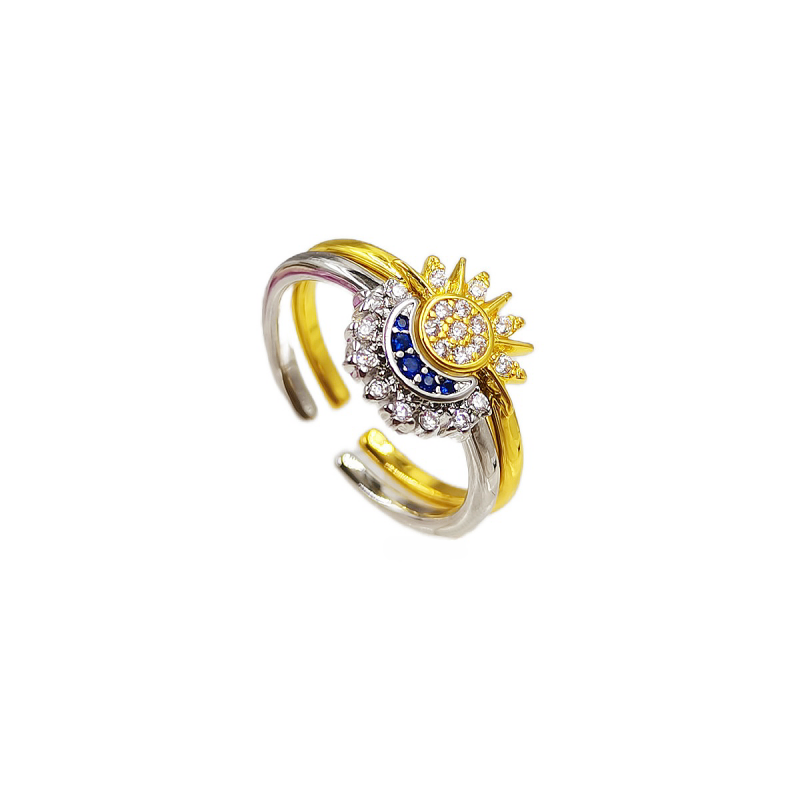 Designer ring cross-border burst paragraph Europe and the United States hot sale simple shiny sun moon blue diamond stacked celestial couple open ring