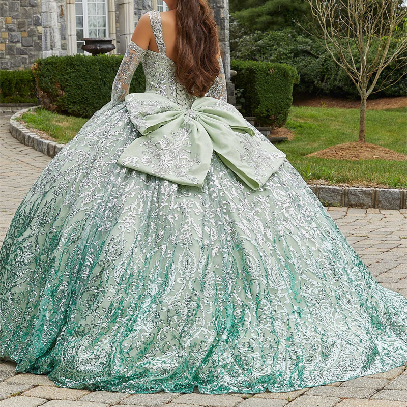 Luxury Light Green Shiny Quinceanera Dresses 2025 Sequin Lace Appliqued Beads Off the Shoulder Ball Gown Sweet 16 Vestidos 15 De Quinceanera