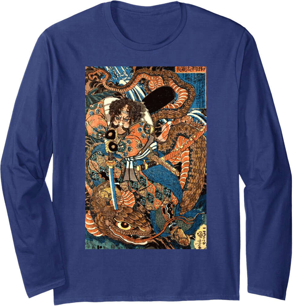 Long Sleeve Shirts for Men sweatshirt Samurai Ninja Against Snake Serpent Water Monster Long Sleeve Tee Streetwear Casual tops clothes