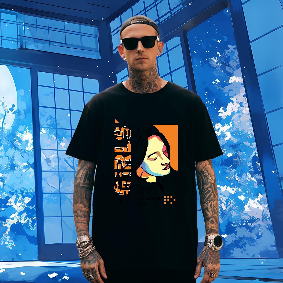Loose portrait T-Shirts for Men High Street Hip Hop Tshirt for Man Woman 230g 100% Cotton 2024 Designer Breathable Crew Neck Cartoon Printing L-4XL Cl