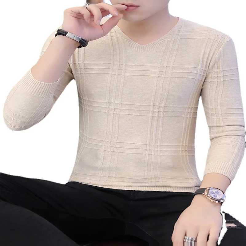 Mens New Fashion V-neck Solid Color Slim-fit Pullover Sweater Casual Long-sleeved Knitted ShirtXJ240814