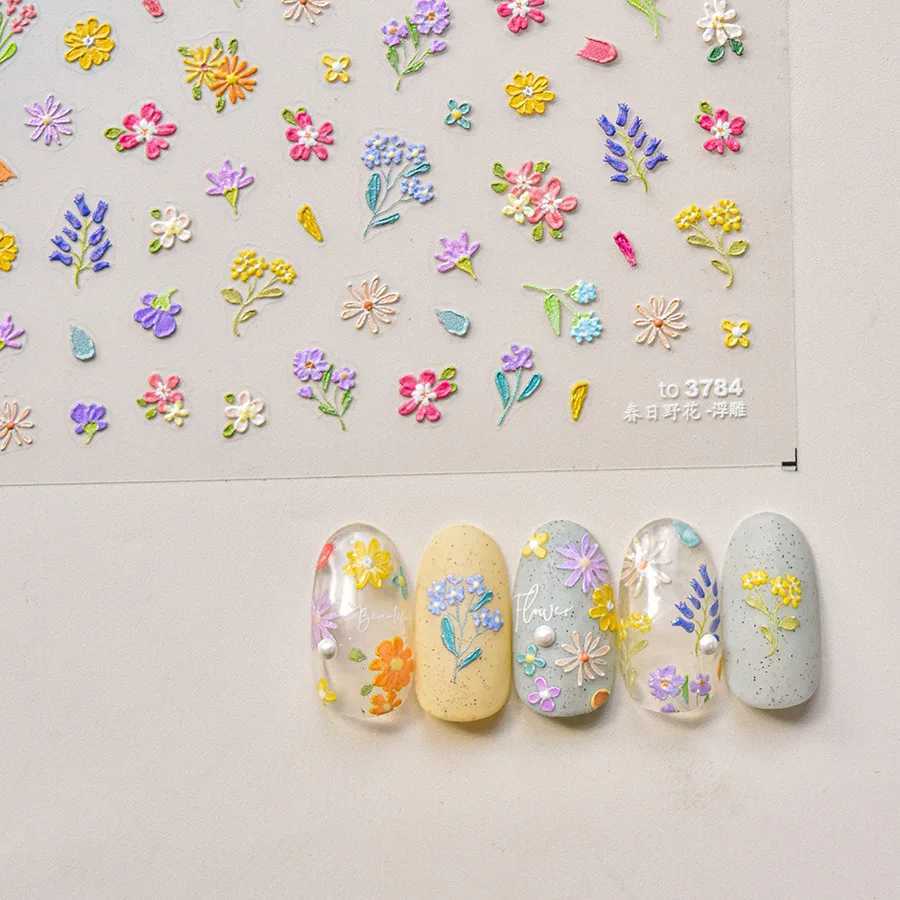 Colorful Sparkling Glass Fragment Spring Wildflowers High Quality Adhesive Flash Nail Stickers Art Decorations Design T-3784XJ240814