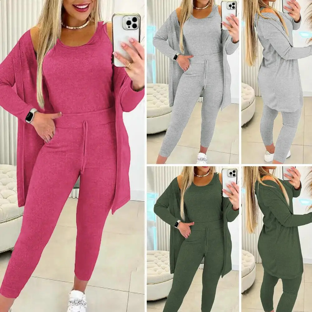 3 Pcs/Set Women Coat Vest Pants Suit High Waist Elastic Sweatpants Sleeveless Vest Mid Length Coat Sports Fall Winter Tracksuit 240809