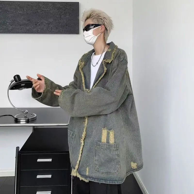 American Vintage Denim Coat Men Women Distressed Broken Hole Tassel Tailored Collar Jeans Wear Spring Autumn Loose Long Jacket 240814