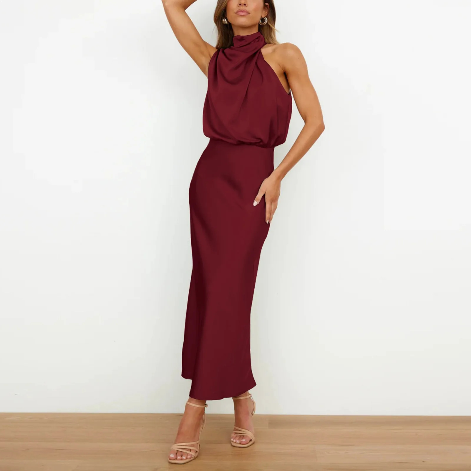 Women Halter Satin Silk Dresses Summer Sexy Champagne Green Evening Party Elegant Maxi Dresses For Women Formal Occasion Dresses 240815