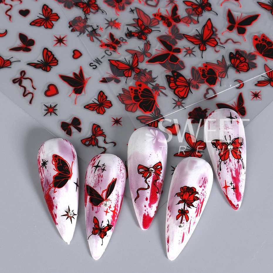 Black Silver Chrome Butterfly Nail Stickers Metal Mirror Star Gilded Design Decals DIY Summer Red Moon Decoration Manicure WrapsXJ240814