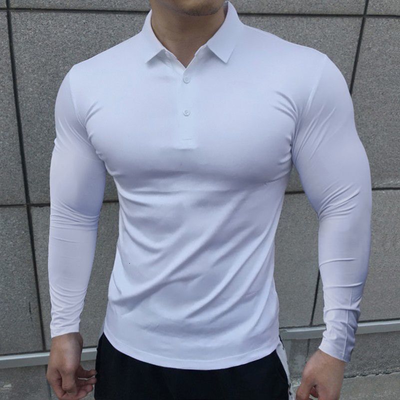 Korean Autumn Casual Fitness Polo Shirt Men Solid Button Slim Elastic Versatile Sports Breathable Quick Drying Long Sleeved Tops 240814