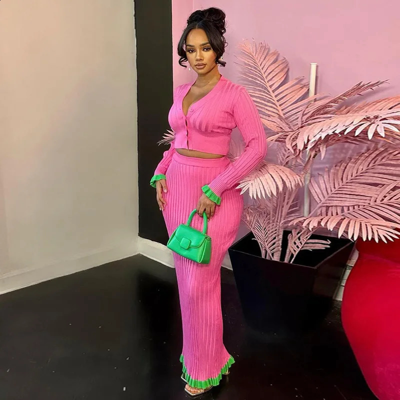 Knit Two Piece Set For Women Long Sleeve Cardigan Sweater And Maxi Skirt Sets Elegant Ruffle Birthday Party Night Club Outfit 240815