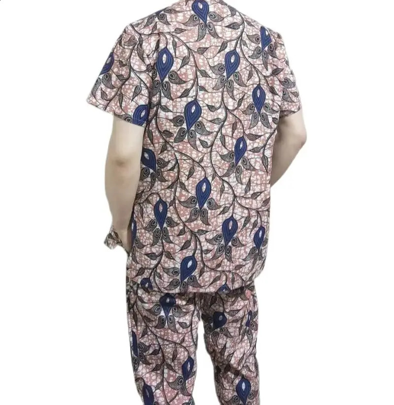 African clothing mens print short sleeve shirt with trouser Ankara fashion pant sets customize wedding male formal outfits 240814