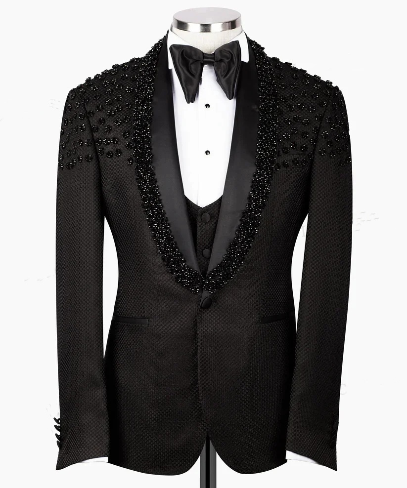 Men's Wedding Suit Fashion Shawl Lapel Tailored Blazers Beading Groom Jacket For Man One Button Custom Made Coat 2 Pieces Set(Jacket+Pants)