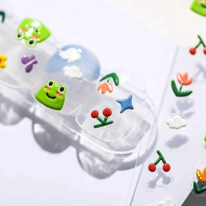 1pcs Cute Cartoon Nail Art Stickers 5D Embossed Frog Cherry Rainbow Self Adhesive Slider For Nails DIY Nail Charms Kawaii DecalaXJ240814