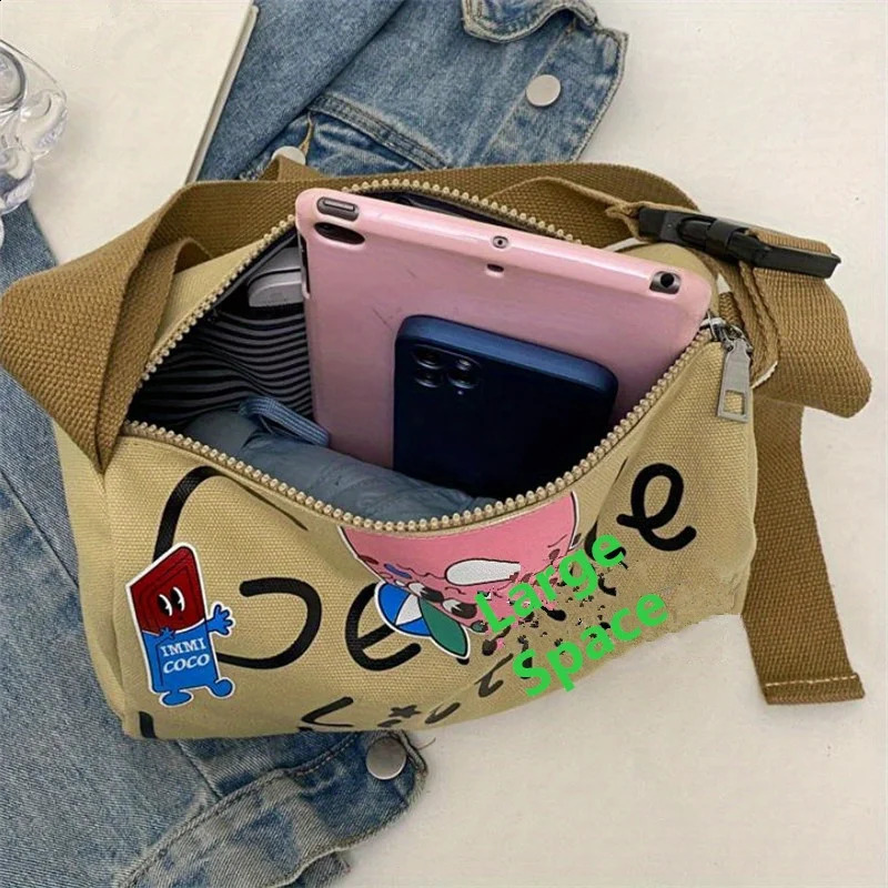 High Beauty Letter Printed Canvas Pillow Bag for Work Travel Single Shoulder Youth Daily Versatile Casual Crossbody Bags 240814