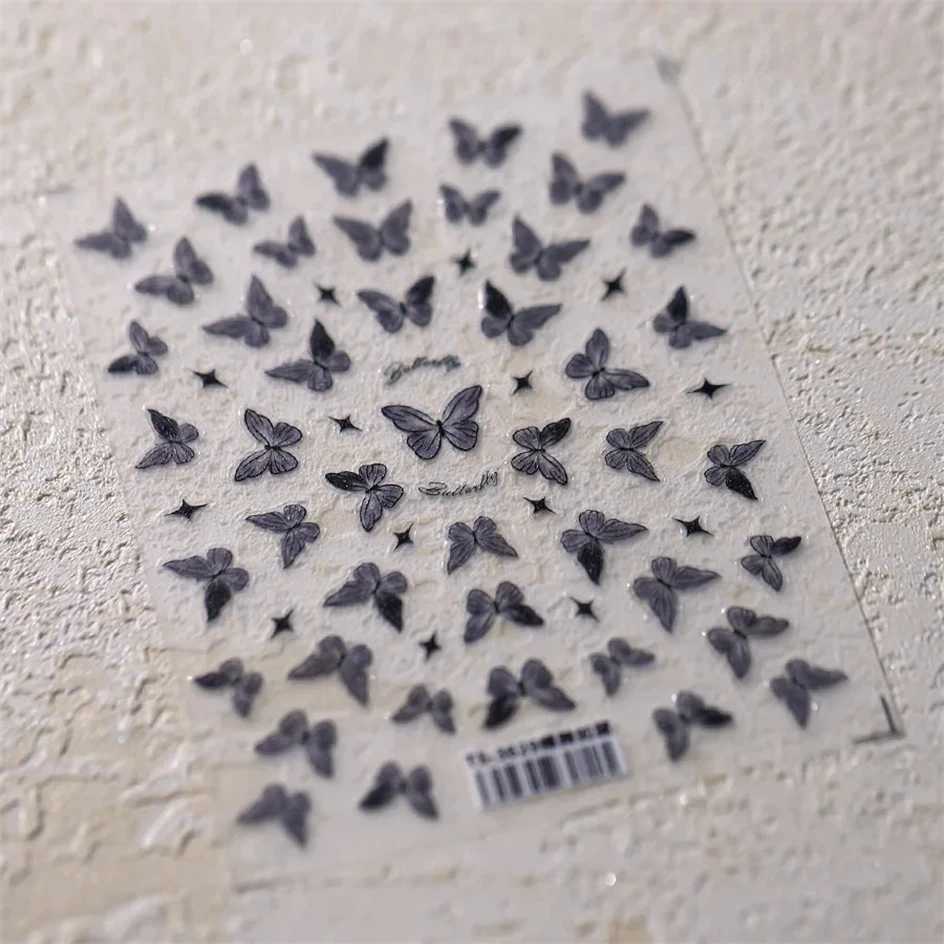 Shinny Black Dark Butterfly Nail Stickers High Quality Shell Light Design Adhesive Stickers Nail Art DecorationXJ240814