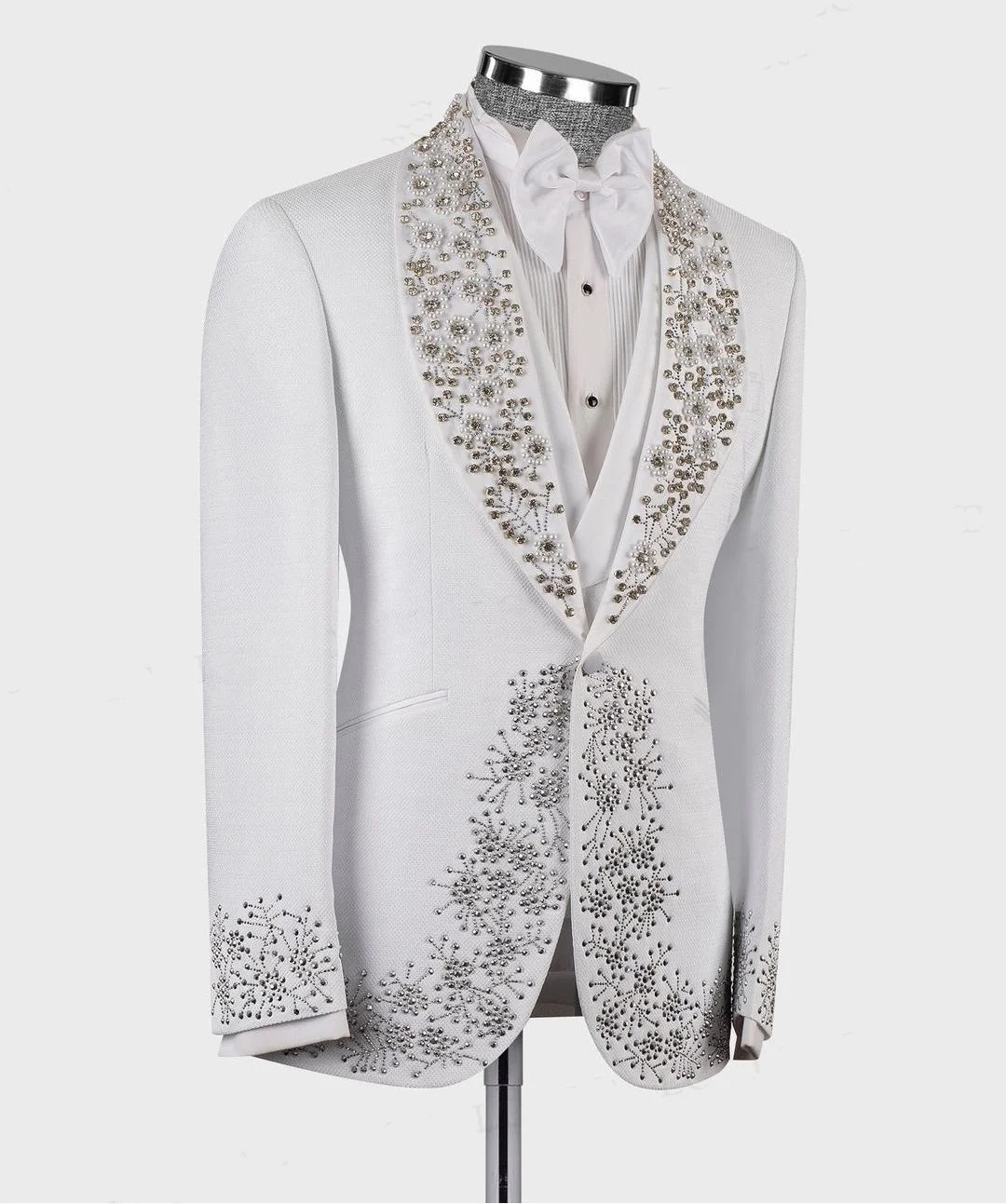 Glamorous Men's Wedding Suit Shawl Lapel Tailored Blazers Rhinestone Beaded Pearls Groom Jacket For Man One Button Custom Made Coat