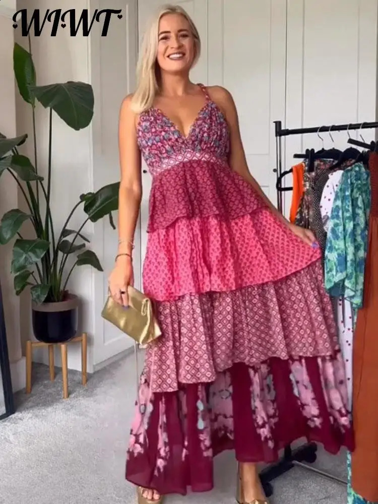 Floral Print Cake Beach Dress Women Elegant Patchwork Strap Sleeveless Backless Midi Dresses Female Summer A-Line Party Robe 240815