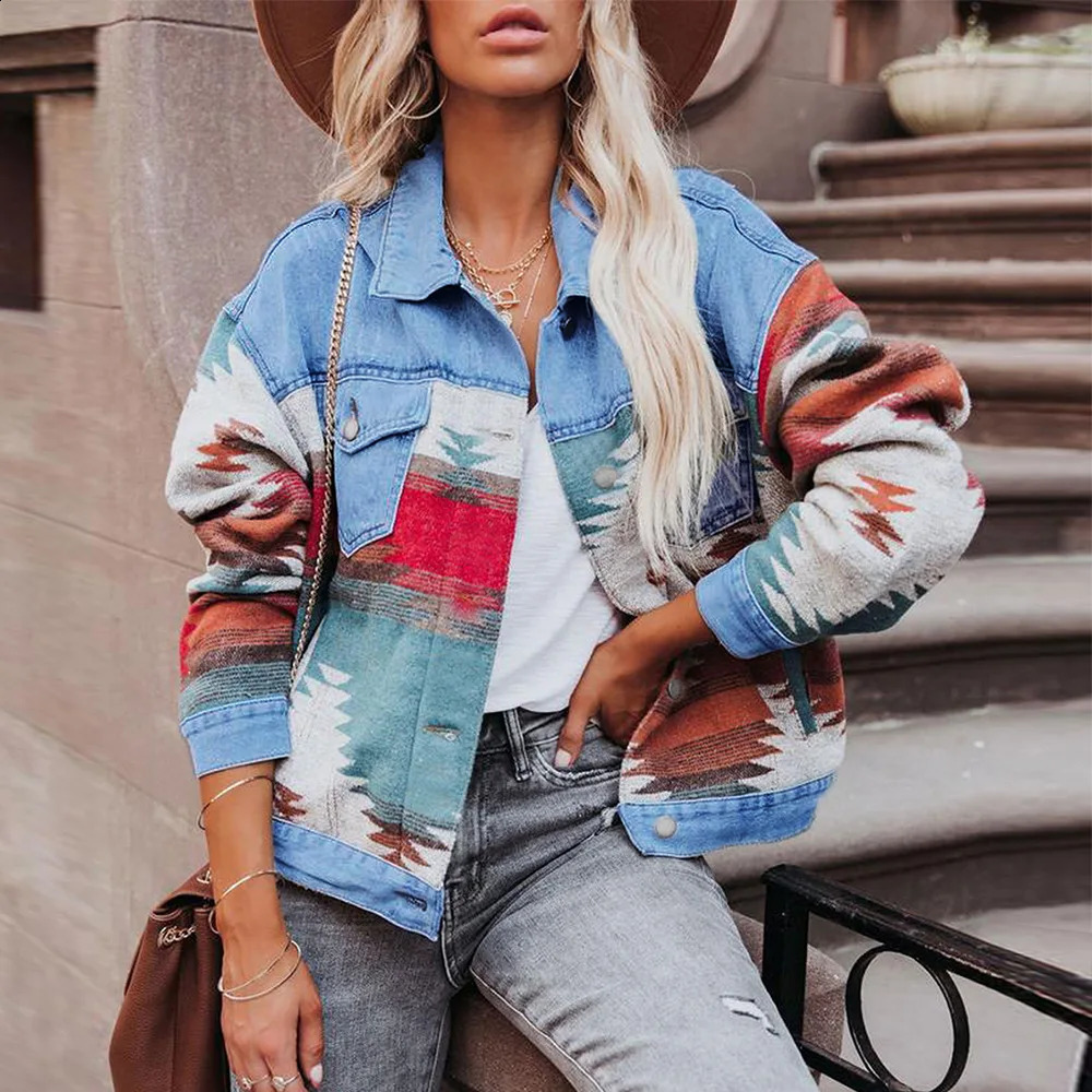 Vintage Womens Denim Jacket Geometric Print Autumn Winter Jeans Coat Female Slim 2024 Autumn Fashion Outerwear 240814
