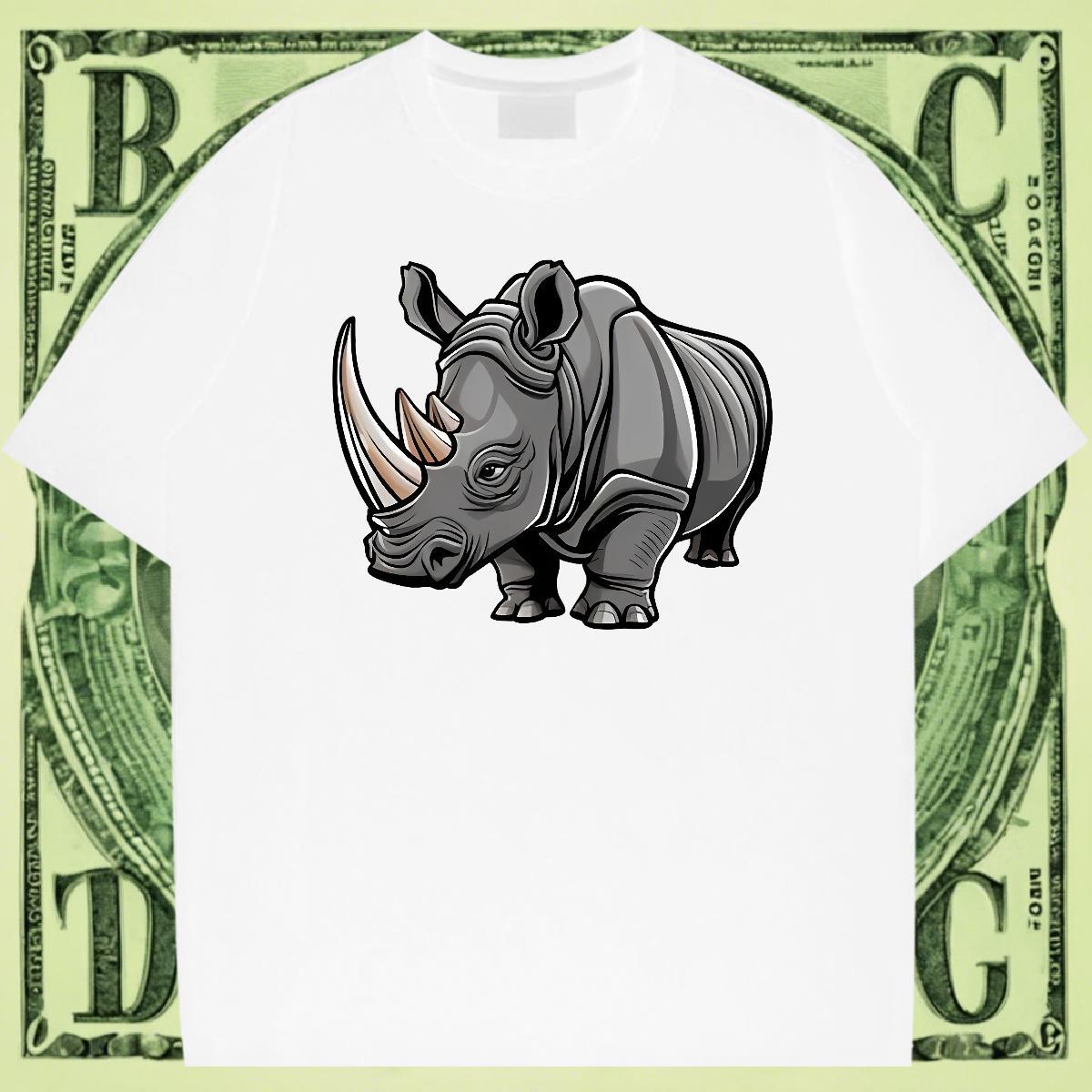 High Quality Men Clothes T-Shirt Beach 230g 100% Cotton Cartoon Print Breathable Crew Neck rhinoceros T Shirt For Man Free Shipping Tops Shirt