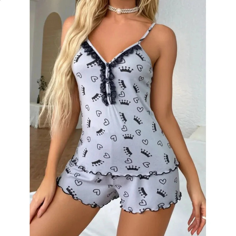 Sexy Heart Print Pajama Set Womens 2 Pieces Sleepwear Pyjamas Silk Satin Cami Top And Shorts Summer Pajamas 24