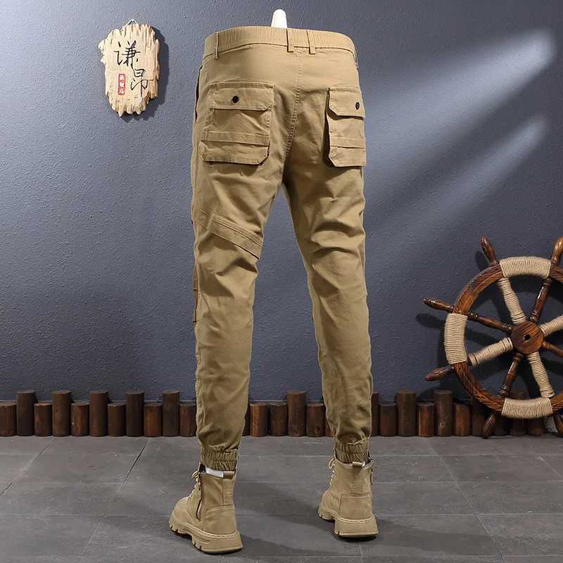 2024 new khaki splicing contrasting color ankle strap work pants mens fashionable elastic slim fit outdoor casual pantsW240725