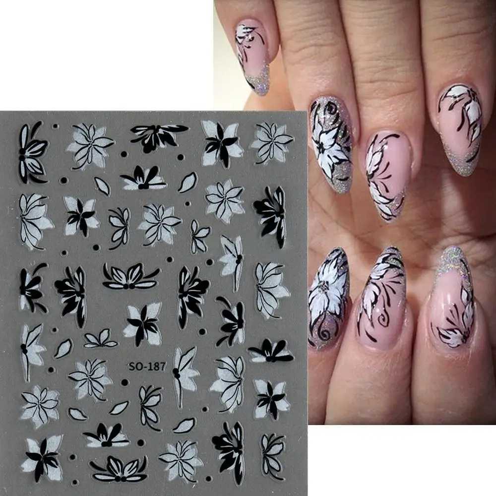 Black White Flower Nail Art Stickers 3D Charm Simple Floral Petal Nail Decoration Adhesive Slider Decals DIY Manicure DecorXJ240814