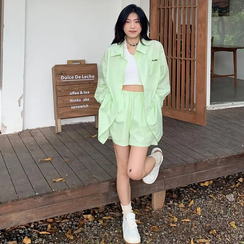 Women Summer Casual Loose Solid Color Polo-Neck Long Sleeve Office Lady Shirts Ladies Fashion All-match Wide Leg Two Piece Set 240814