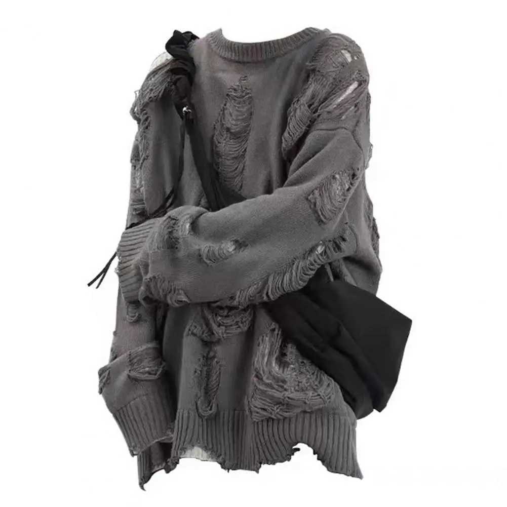 Ripped Hole Sweater Hollowed Out Women Sweater Streetwear Mens Sweater Hip Hop Style Ripped Two-piece Design Knitted Round NeckXJ240814