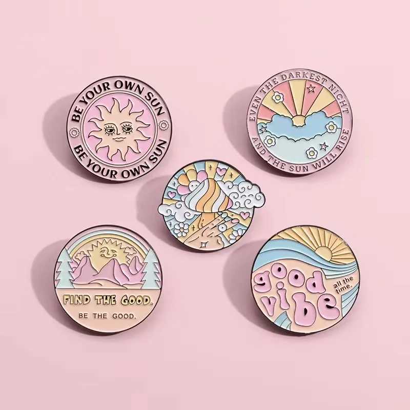 Cartoon circular landscape enamel badge sun mushroom mountain flower interesting English letters Alloy Brooch Versatile Jewelry W240815