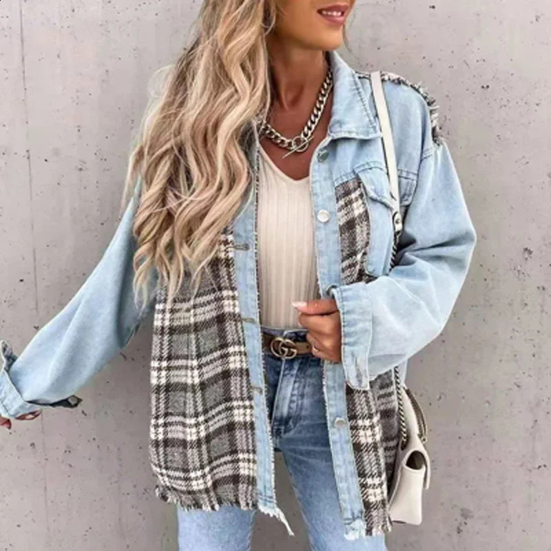 Women Turn-down Collar Button Coat Spring Autumn Irregular Tops Outwear Mujer Vintage Fashion Plaid Print Patchwork Denim Jacket 240814
