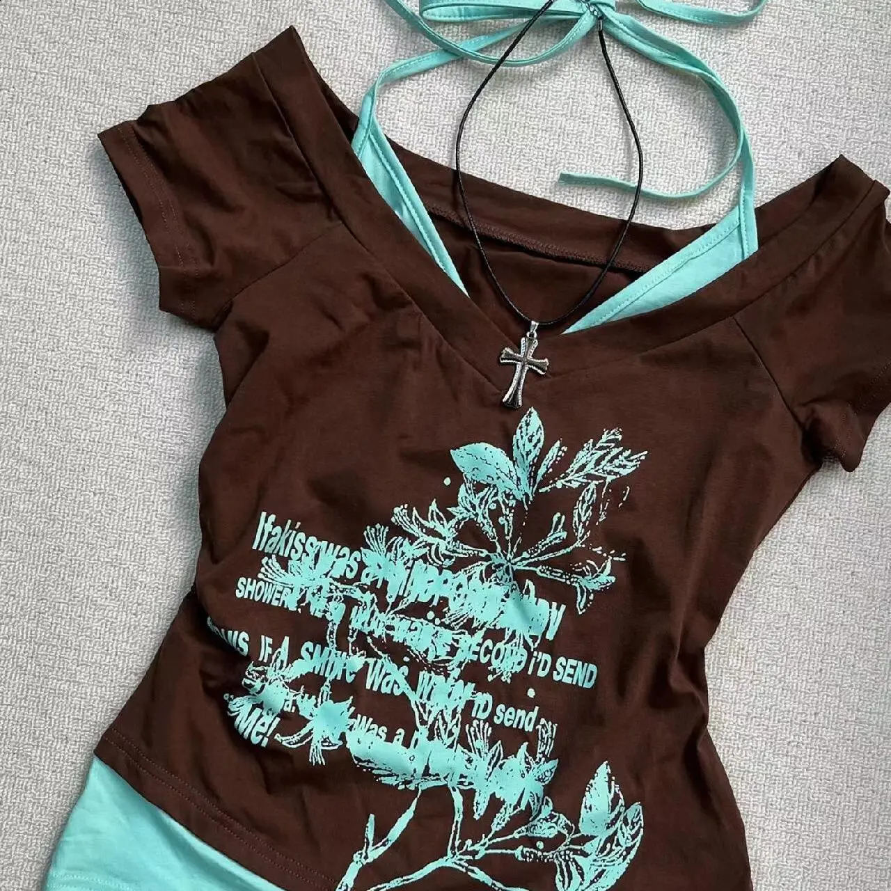 American retro camisole collar printed Tshirt summer streetwear girl slim millennium Harajuku fashion casual womens clothing 240814