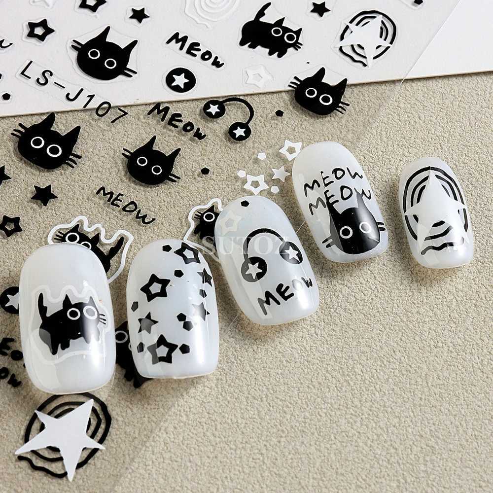 3D Black Cartoon Cute Cat Nail Stickers Cat Stars Letters Nail Sliders Y2K Korean Japanese Nail Art Manicure Decors NLLS-J107XJ240814