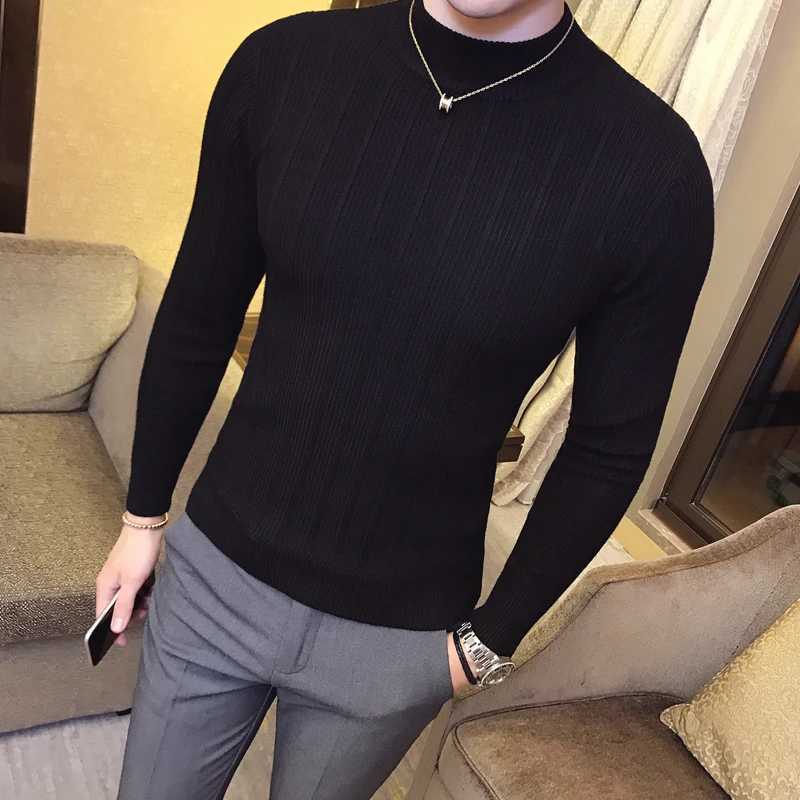 Autumn and Winter Style Boutique Fashion Striped Stretch Comfort Mens Casual Turtleneck Sweater Solid Color Knitted Slim SweaterXJ240814