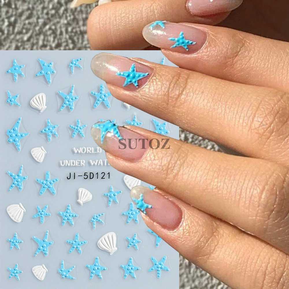 5D Embossed Summer Ocean Nail Stickers White Blue Starfish Shells Letter Sea World Design Self-Adhesive Manicure Deco GLJI-5D120XJ240814