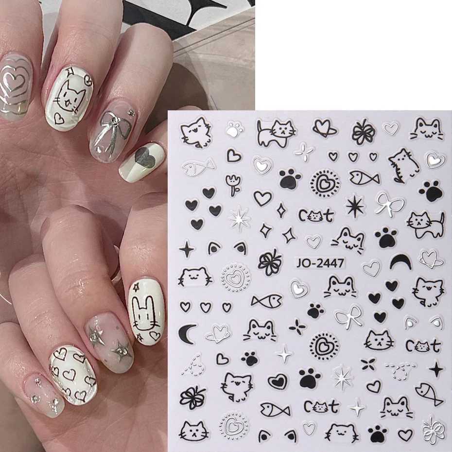 3D Cartoon Cute Cat Nail Stickers Graffiti Love Heart Gold Bronzing Star Sliders Silver Chrome Nail Art DIY Manicure DecorationXJ240814