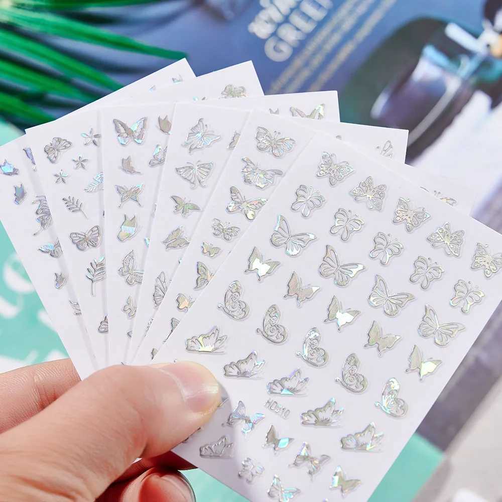 16 Sheets Silver 3D Nail Art Adhesive Sticker Laser Hollow Fly Butterfly Shapes Nail Art Decal Decorations Different Shape SheetXJ240814
