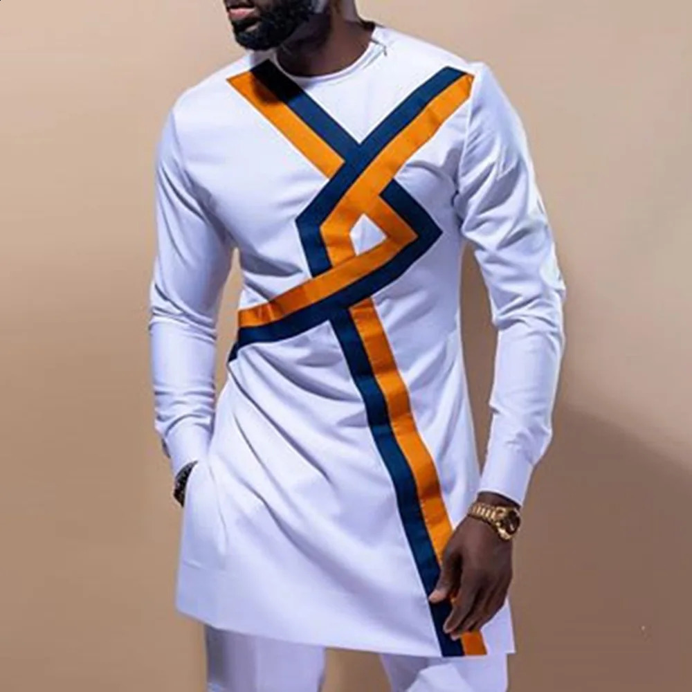 Only Tops In African Clothing Style Printing Color Matching Fashion Casual Long-sleeved Round Neck Mens Long Shirt 240814