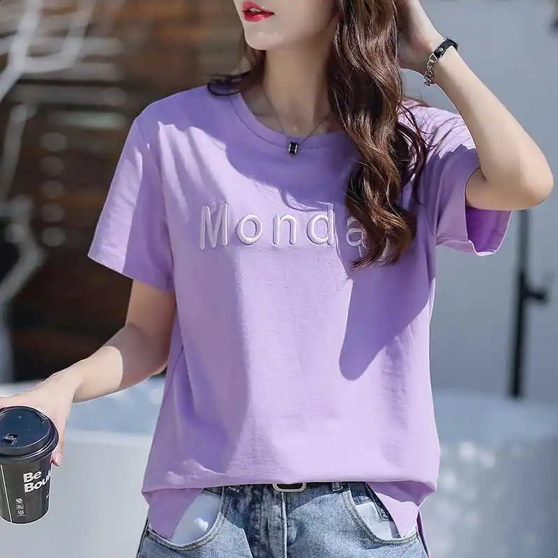 Cotton letter embroidered split Tshirt suitable for womens summer short sleeved loose plus size weight loss casual top 240814