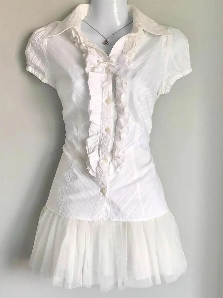 Y2k Top 90s Retro Clothing Womens White Punk Slim Bow Aesthetics Lace Harajuku Girls Tshirt Crop Short Sleeve 240814