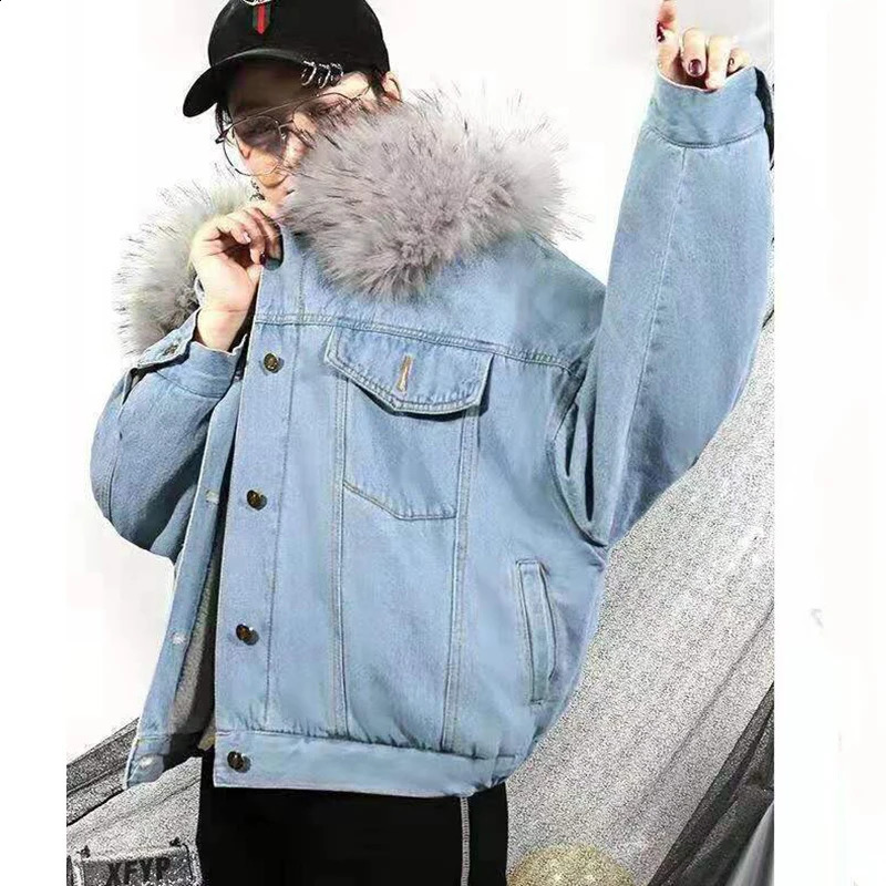 Gidyq Women Thick Warm Denim Jacket Korean Fashion Streetwear Fur Loose Coats Winter Female Casual Patchwork Hooded Outwear 240814