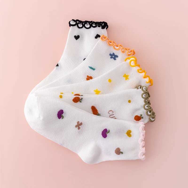 5 pairs of girls socks with curled edges cute and easy to match girls mid calf socks summer thin cotton socks W240814
