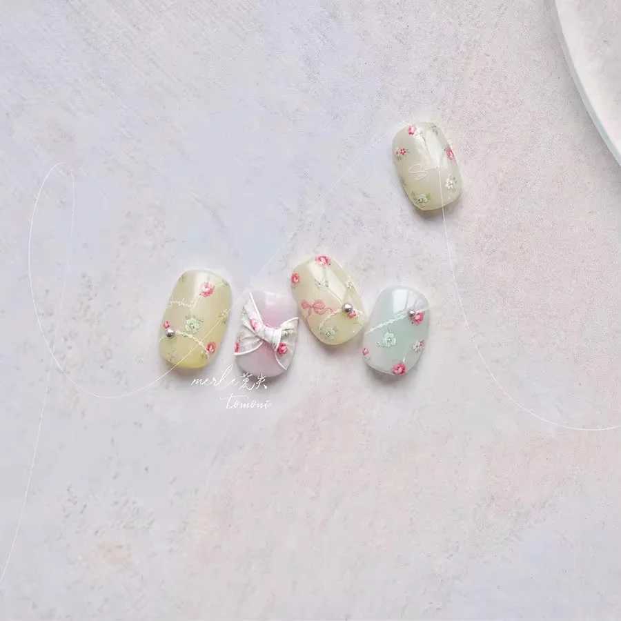 1Sheet Cute Wildflower Nail Art Stickers Cute Colored Flower Ribbon 5D Embossed Relief Nail Decoration Parts Decals AccessoriesXJ240814