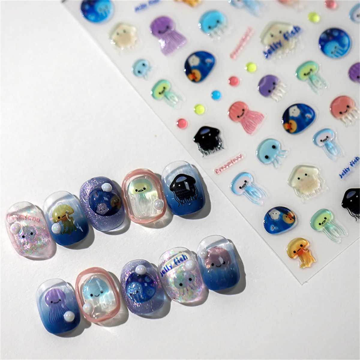 1pcs 5D Kawaii Jelly Series Nail Art Stickers Blue Jellyfish Adhesive Nail Art Decorations Stickers Hot Stamping Manicure DecalsXJ240814