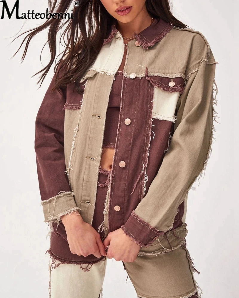 Autumn Womens Patchwork Denim Jacket Long Sleeve Vintage Boyfriend Jean Jackets Single Breasted Fashion Coat 240814