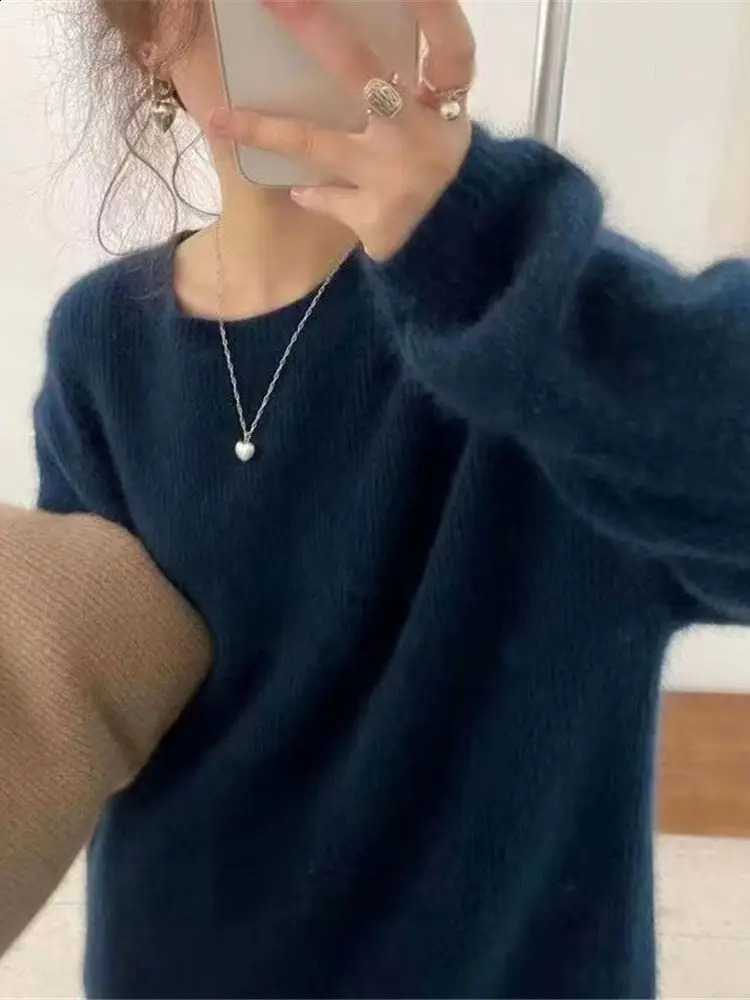 AutumnWinter Round Neck Cashmere Sweater Womens Thick Grey Wool Moher Soft Knitted Long Sleeve Floral Basic Top 240814