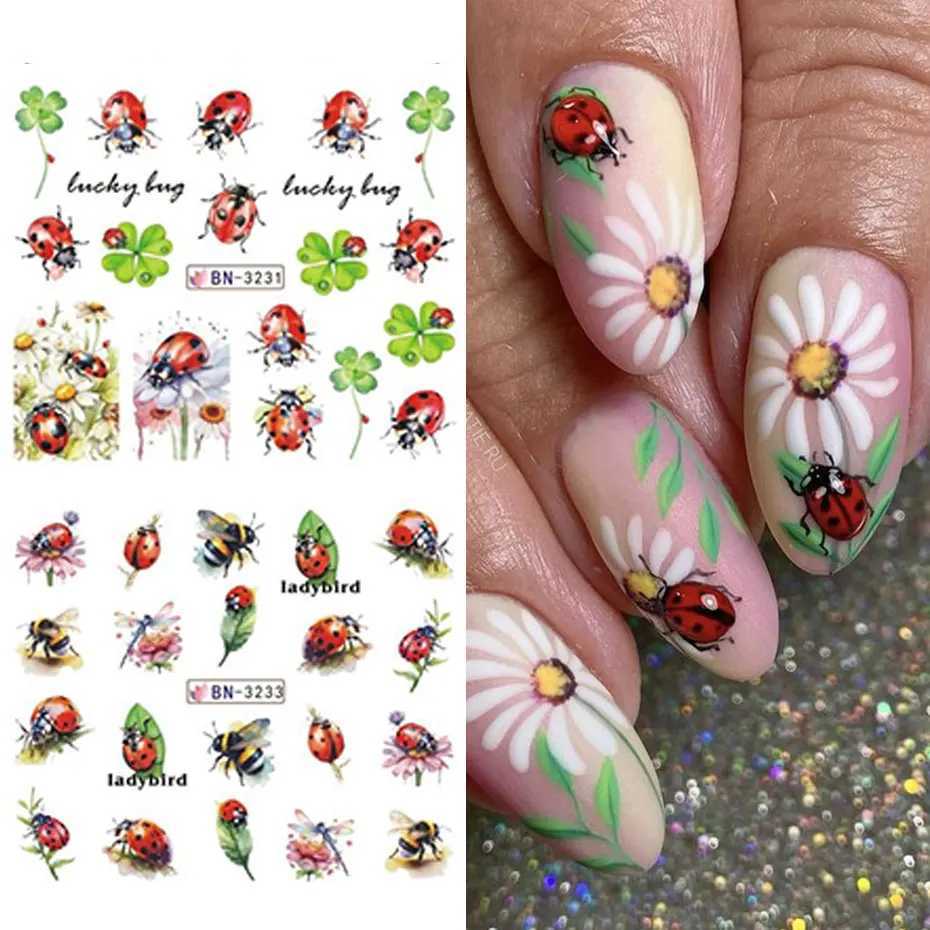 12pc Cute Ladybugs Water Decals 3D Kawaii Insect Butterfly Bee Nail Stickers Cartoon Leaves Flowers Watercolor Nail Slider DecorXJ240814