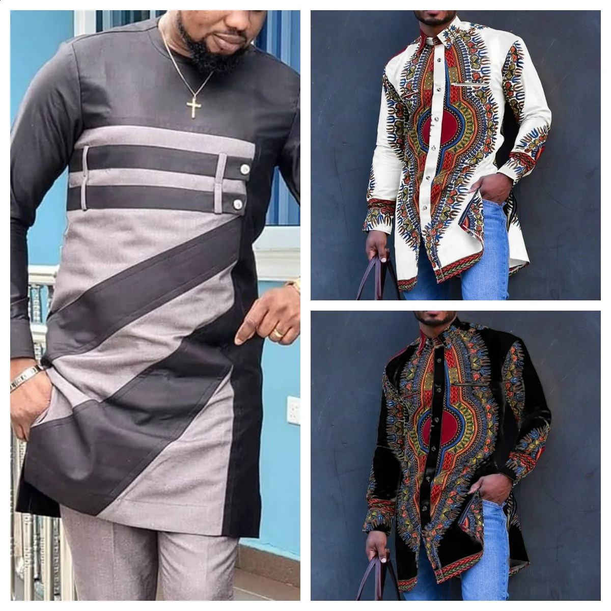Only Tops In African Clothing Style Printing Color Matching Fashion Casual Long-sleeved Round Neck Mens Long Shirt 240814